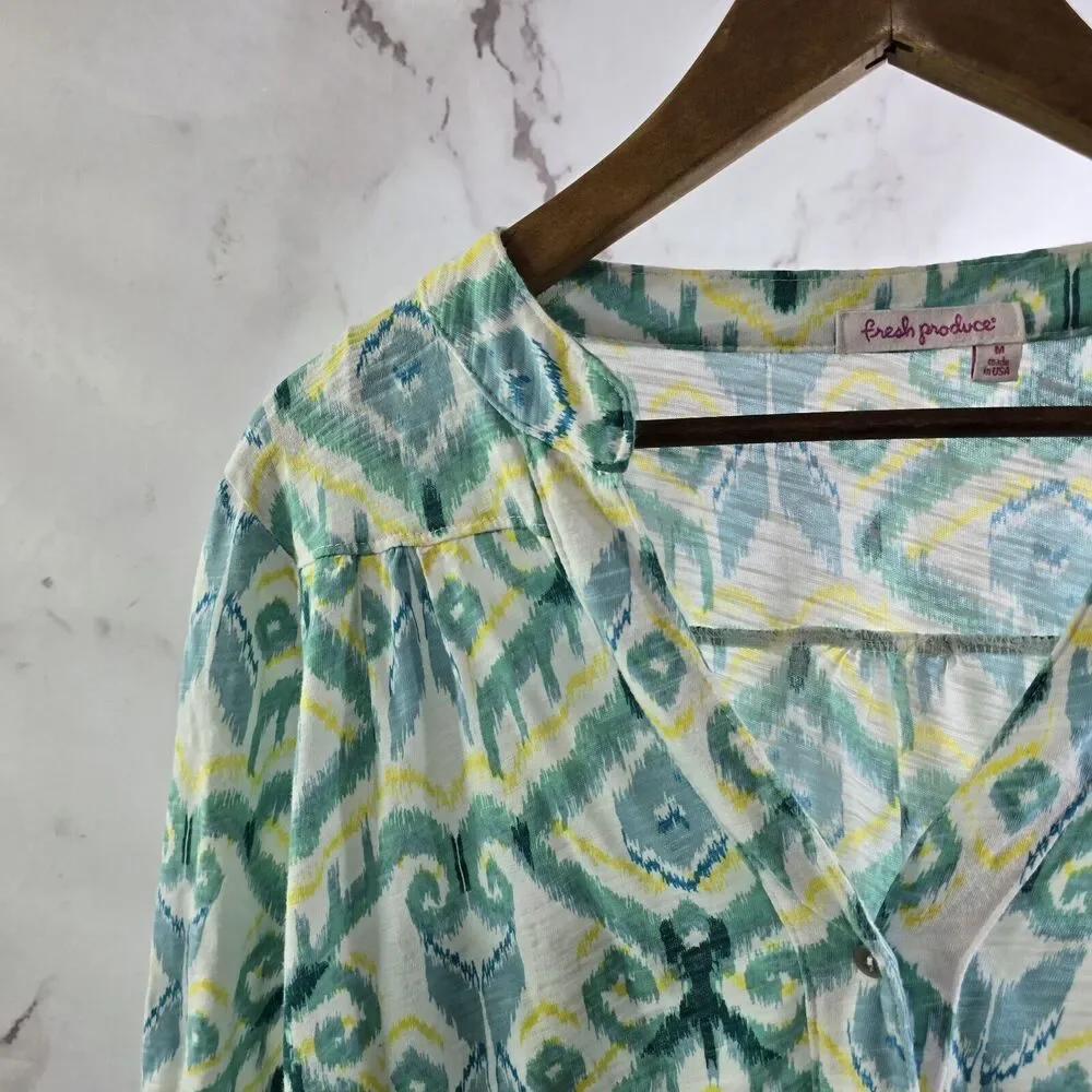 Fresh Produce T Shirt Womens Medium Green Yellow Roll Up Tee Jersey Argyle Long